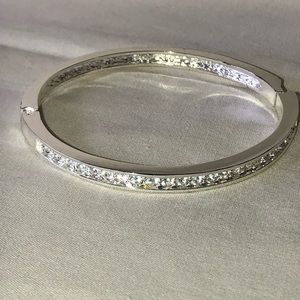 Silver Tone & Inset Crystal Rhinestone Costume Locking Bangel Bracelet